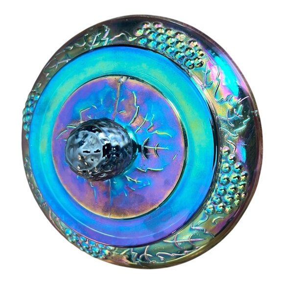 Vtg Indiana Glass Blue Iridescent Carnival Glass Pedestal Compote Candy Dish - Picture 10 of 11